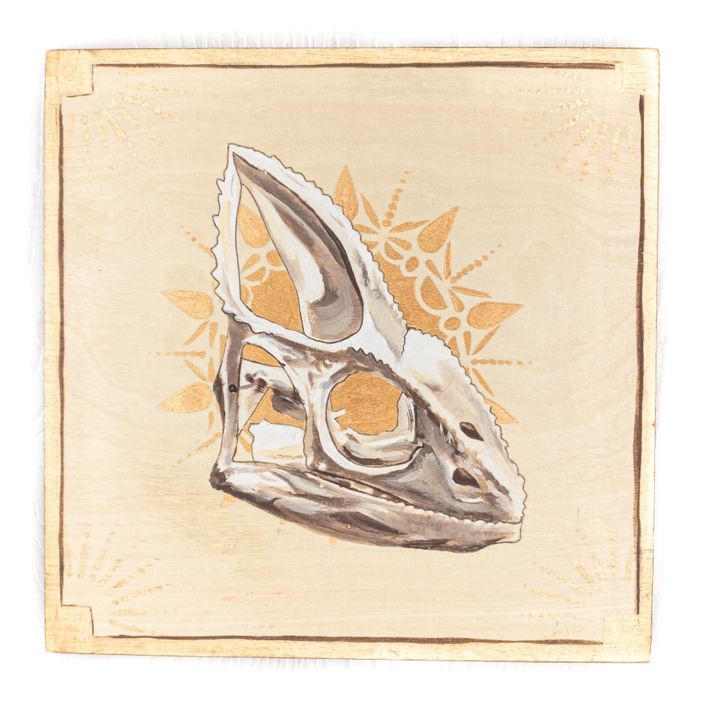 Chameleon Skull Painting on Wood• Metallic Details